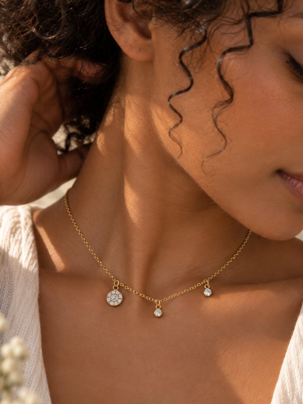Dainty Gold Charm Necklace Three Tiny Sparkling Charms Layering Necklace